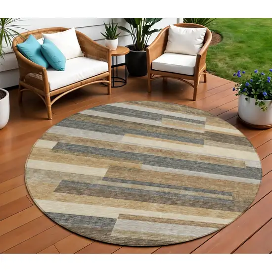 8' Taupe Beige And Charcoal Round Striped Washable Indoor Outdoor Area Rug Photo 1