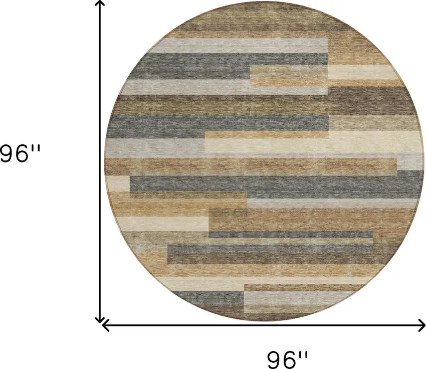 8' Taupe Beige And Charcoal Round Striped Washable Indoor Outdoor Area Rug Photo 3