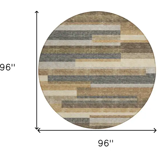 8' Taupe Beige And Charcoal Round Striped Washable Indoor Outdoor Area Rug Photo 3