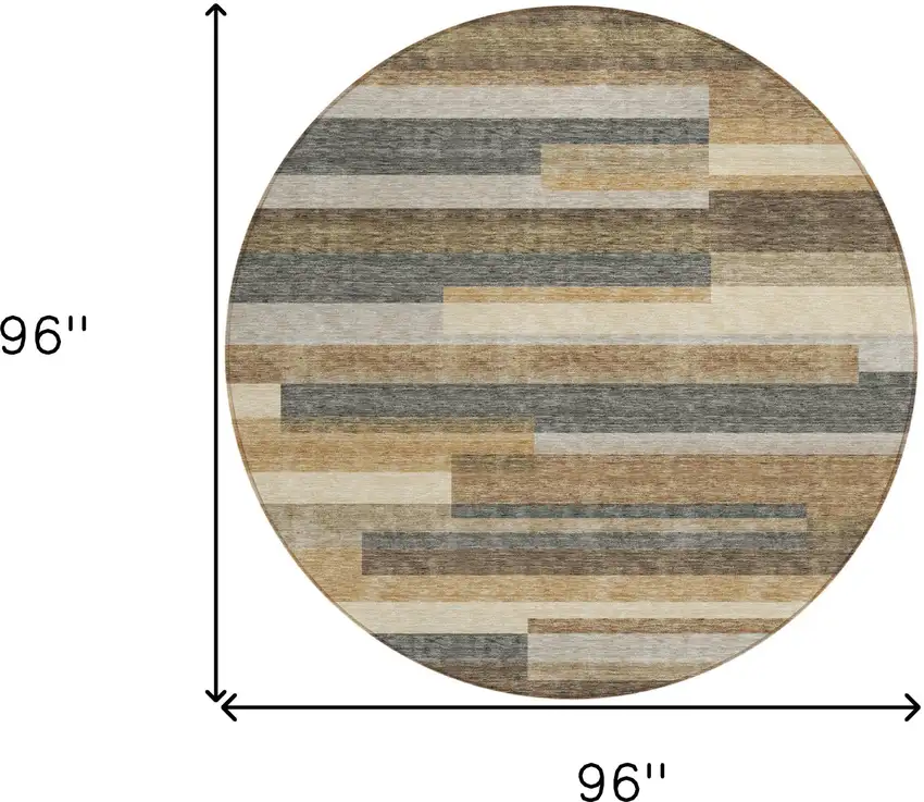 8' Taupe Beige And Charcoal Round Striped Washable Indoor Outdoor Area Rug Photo 3