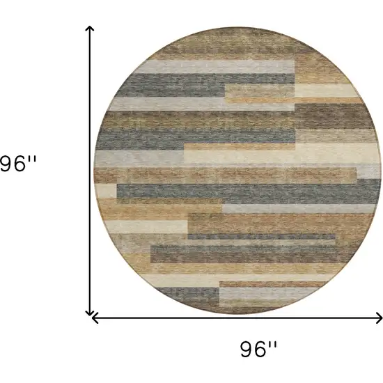 8' Taupe Beige And Charcoal Round Striped Washable Indoor Outdoor Area Rug Photo 3