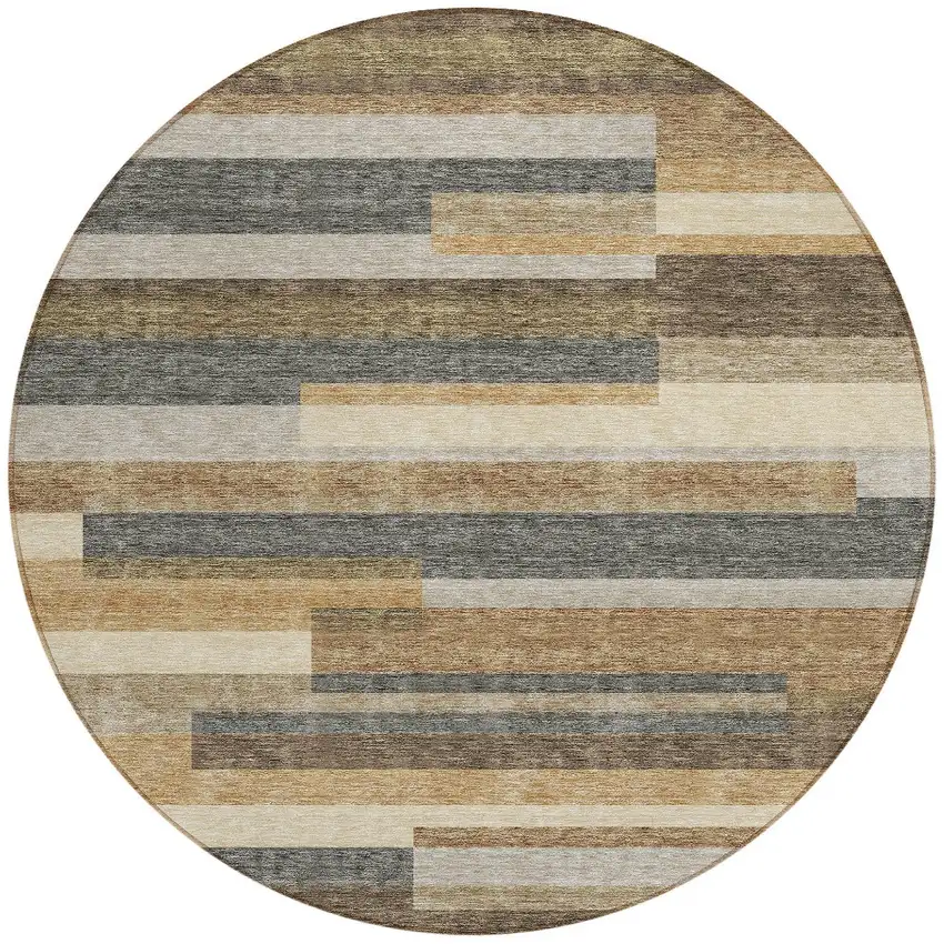 8' Taupe Beige And Charcoal Round Striped Washable Indoor Outdoor Area Rug Photo 5
