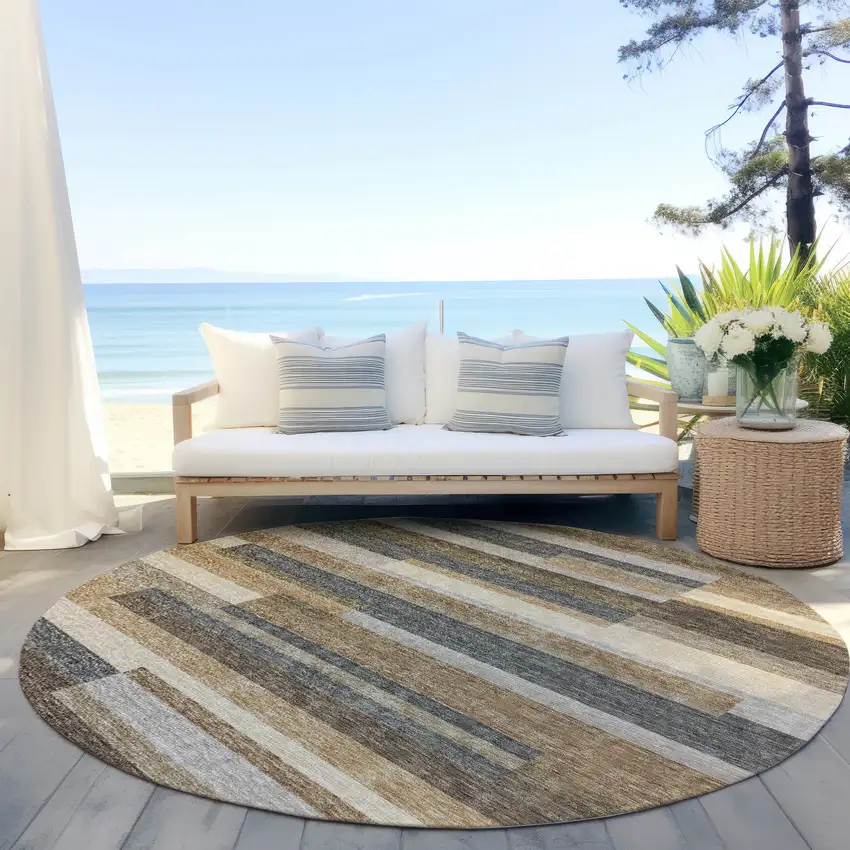 8' Taupe Beige And Charcoal Round Striped Washable Indoor Outdoor Area Rug Photo 6