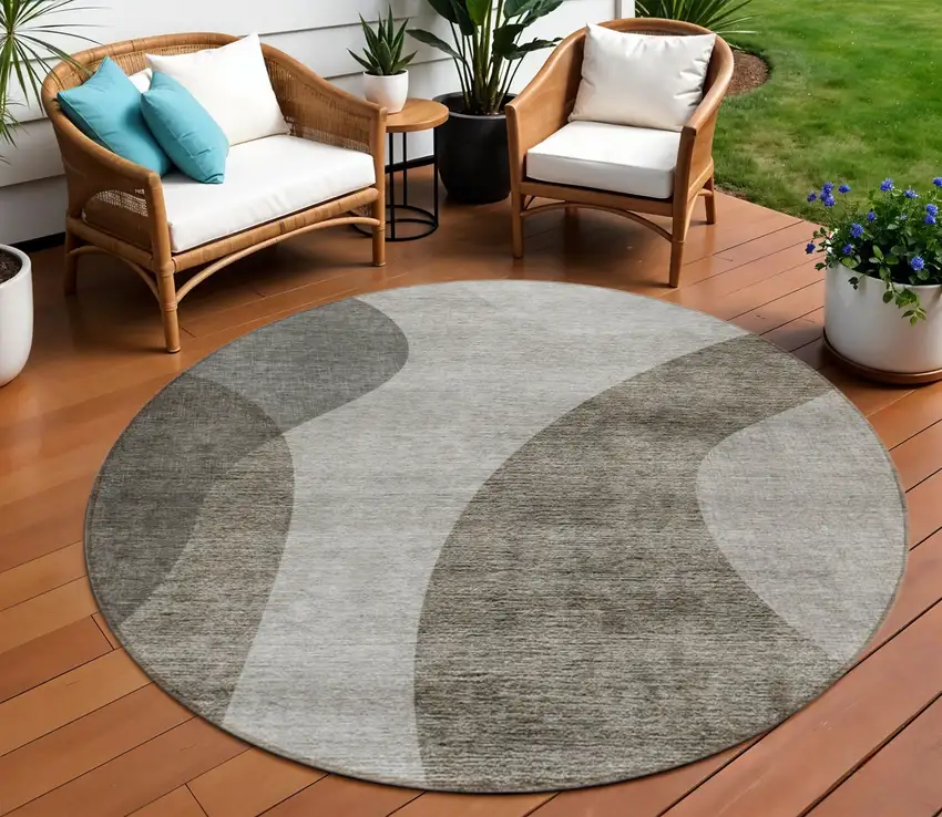 8' Taupe Beige And Chocolate Round Abstract Washable Indoor Outdoor Area Rug Photo 1