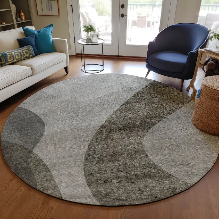 8' Taupe Beige And Chocolate Round Abstract Washable Indoor Outdoor Area Rug Photo 8