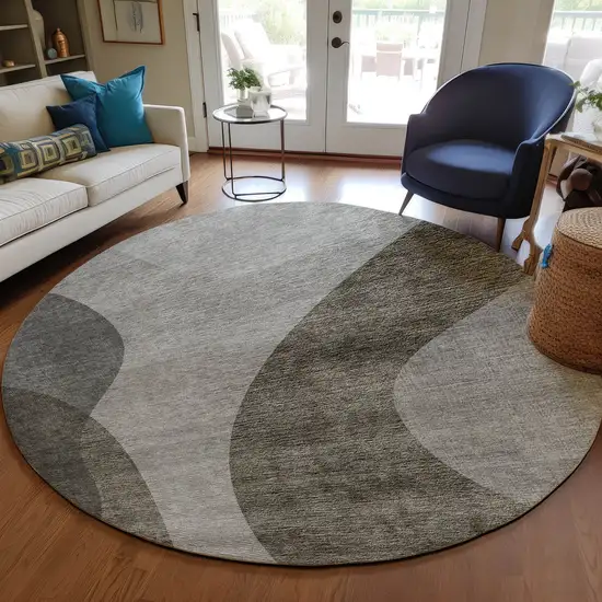 8' Taupe Beige And Chocolate Round Abstract Washable Indoor Outdoor Area Rug Photo 8