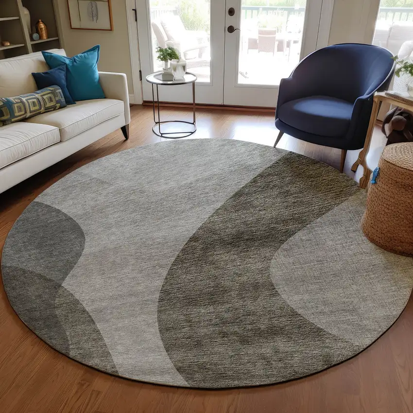 8' Taupe Beige And Chocolate Round Abstract Washable Indoor Outdoor Area Rug Photo 8
