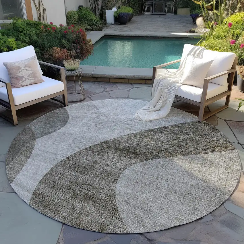 8' Taupe Beige And Chocolate Round Abstract Washable Indoor Outdoor Area Rug Photo 7