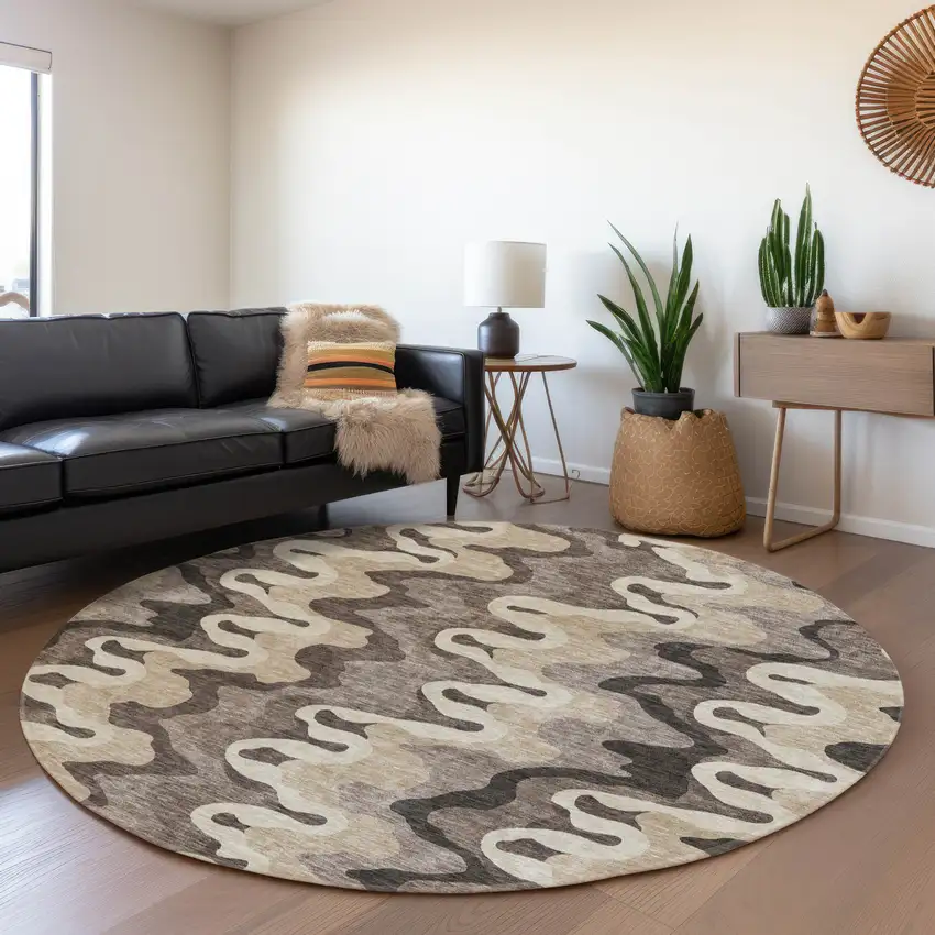 8' Taupe Beige And Chocolate Round Abstract Washable Indoor Outdoor Area Rug Photo 6