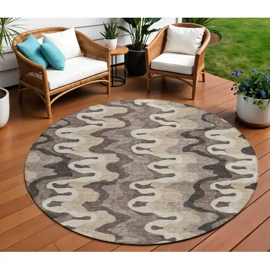 8' Taupe Beige And Chocolate Round Abstract Washable Indoor Outdoor Area Rug Photo 1