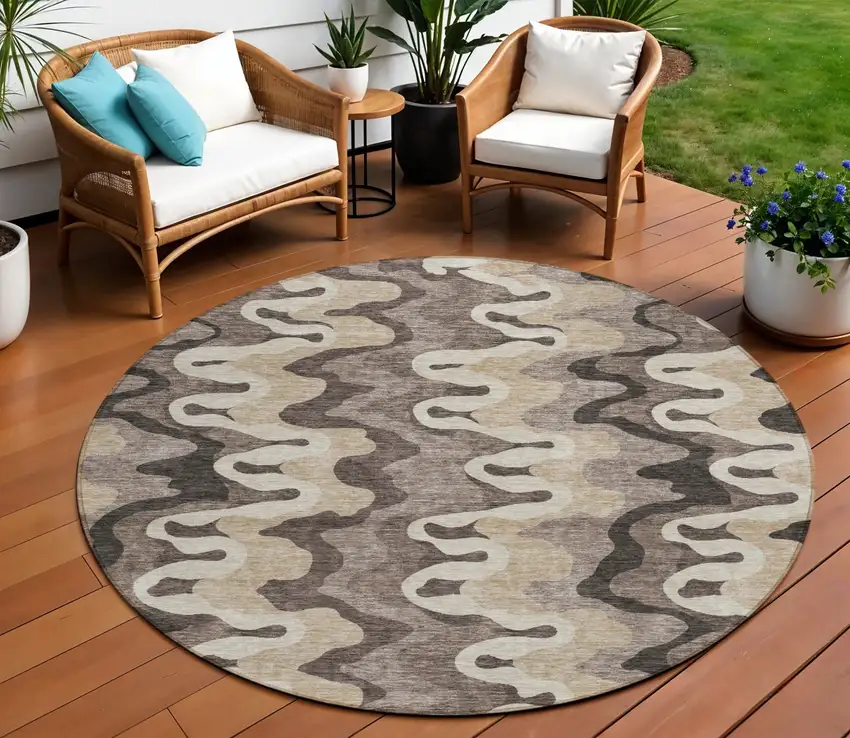 8' Taupe Beige And Chocolate Round Abstract Washable Indoor Outdoor Area Rug Photo 1