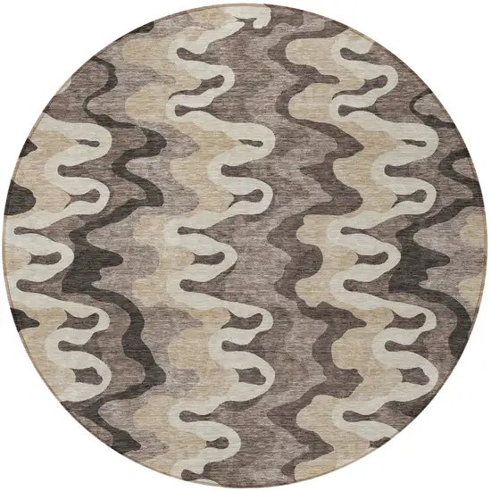 8' Taupe Beige And Chocolate Round Abstract Washable Indoor Outdoor Area Rug Photo 4