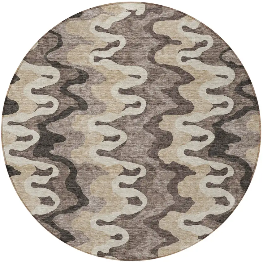8' Taupe Beige And Chocolate Round Abstract Washable Indoor Outdoor Area Rug Photo 4