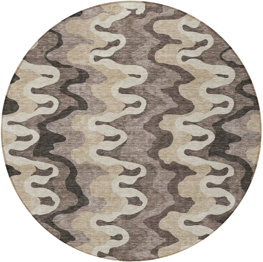 8' Taupe Beige And Chocolate Round Abstract Washable Indoor Outdoor Area Rug Photo 4