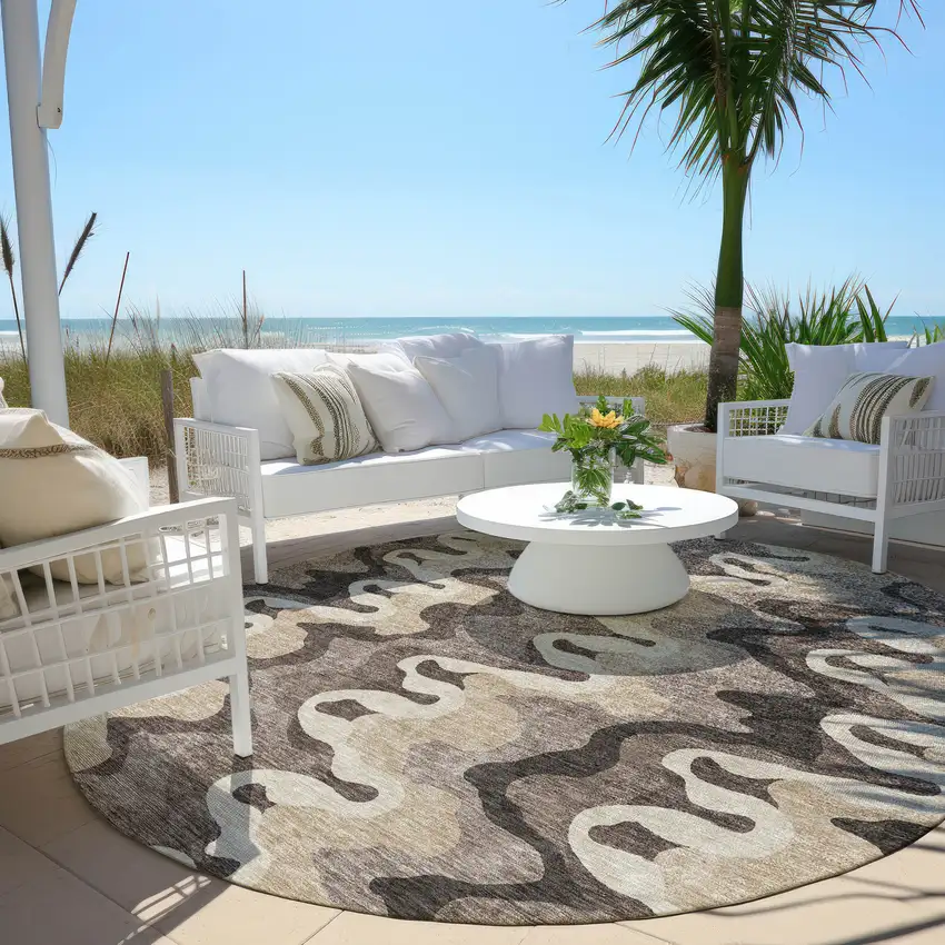 8' Taupe Beige And Chocolate Round Abstract Washable Indoor Outdoor Area Rug Photo 5