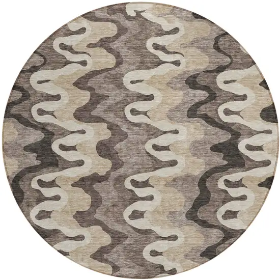 8' Taupe Beige And Chocolate Round Abstract Washable Indoor Outdoor Area Rug Photo 1