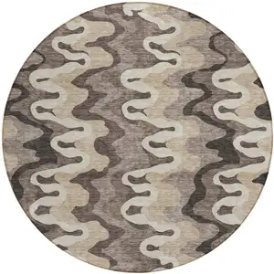 Photo of 8' Taupe Beige And Chocolate Round Abstract Washable Indoor Outdoor Area Rug