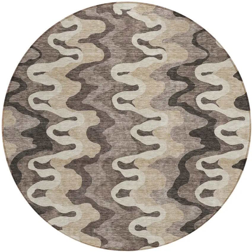 8' Taupe Beige And Chocolate Round Abstract Washable Indoor Outdoor Area Rug Photo 1