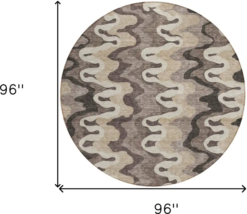 8' Taupe Beige And Chocolate Round Abstract Washable Indoor Outdoor Area Rug Photo 7
