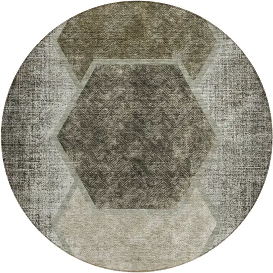 8' Taupe Beige And Chocolate Round Geometric Washable Indoor Outdoor Area Rug Photo 2