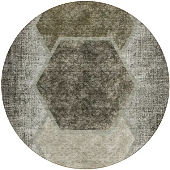 8' Taupe Beige And Chocolate Round Geometric Washable Indoor Outdoor Area Rug Photo 2