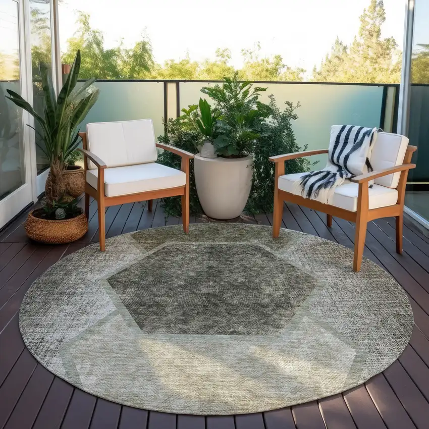 8' Taupe Beige And Chocolate Round Geometric Washable Indoor Outdoor Area Rug Photo 7