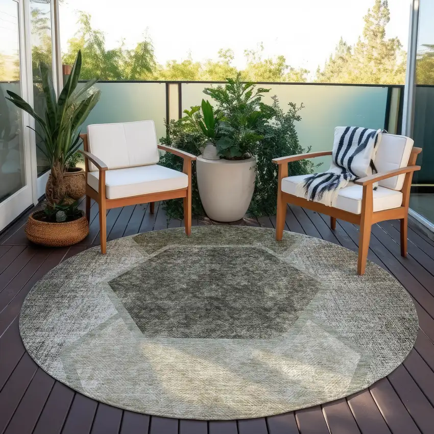 8' Taupe Beige And Chocolate Round Geometric Washable Indoor Outdoor Area Rug Photo 7