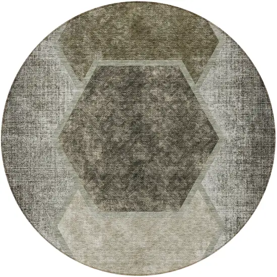 8' Taupe Beige And Chocolate Round Geometric Washable Indoor Outdoor Area Rug Photo 6