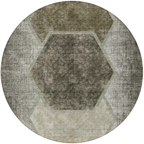 8' Taupe Beige And Chocolate Round Geometric Washable Indoor Outdoor Area Rug Photo 6