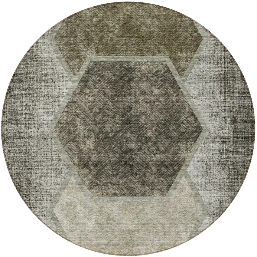 8' Taupe Beige And Chocolate Round Geometric Washable Indoor Outdoor Area Rug Photo 6
