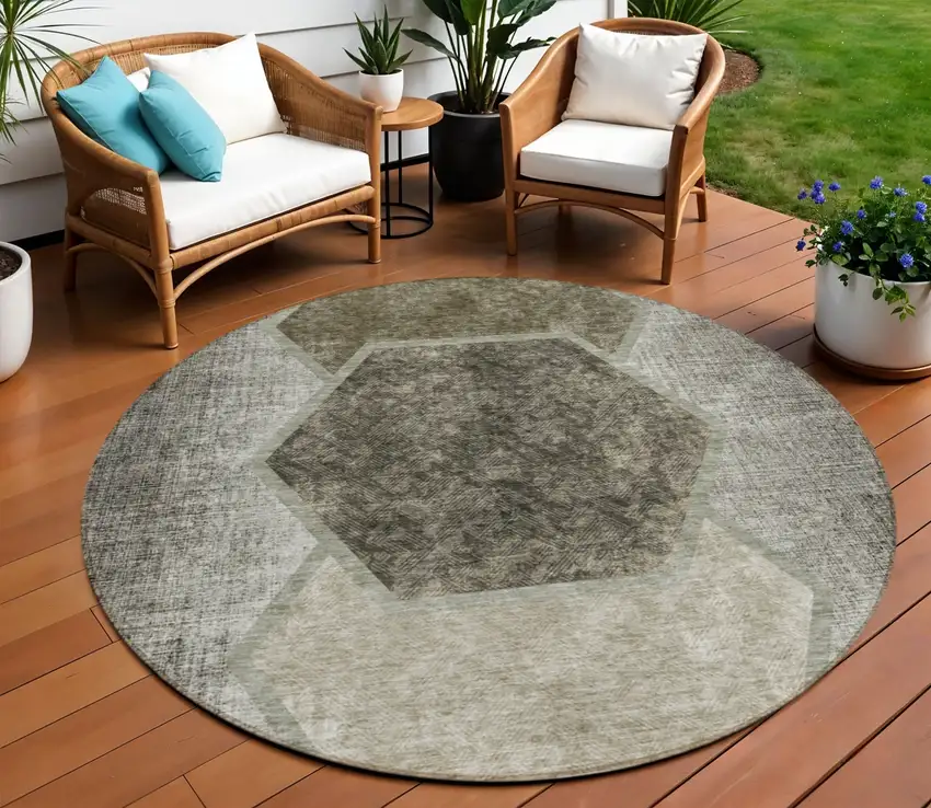 8' Taupe Beige And Chocolate Round Geometric Washable Indoor Outdoor Area Rug Photo 1
