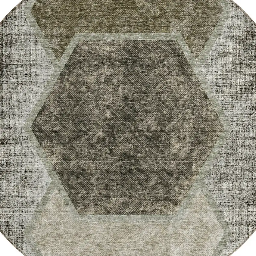 8' Taupe Beige And Chocolate Round Geometric Washable Indoor Outdoor Area Rug Photo 5