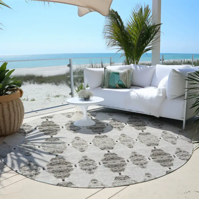 8' Taupe Beige And Coffee Round Moroccan Washable Indoor Outdoor Area Rug Photo 6