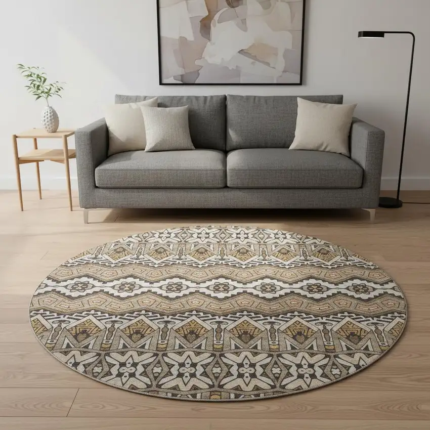 8' Taupe Beige And Copper Moroccan Washable Round Rug With UV Protection Photo 2