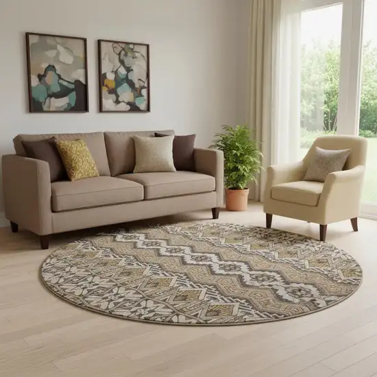 8' Taupe Beige And Copper Moroccan Washable Round Rug With UV Protection Photo 1