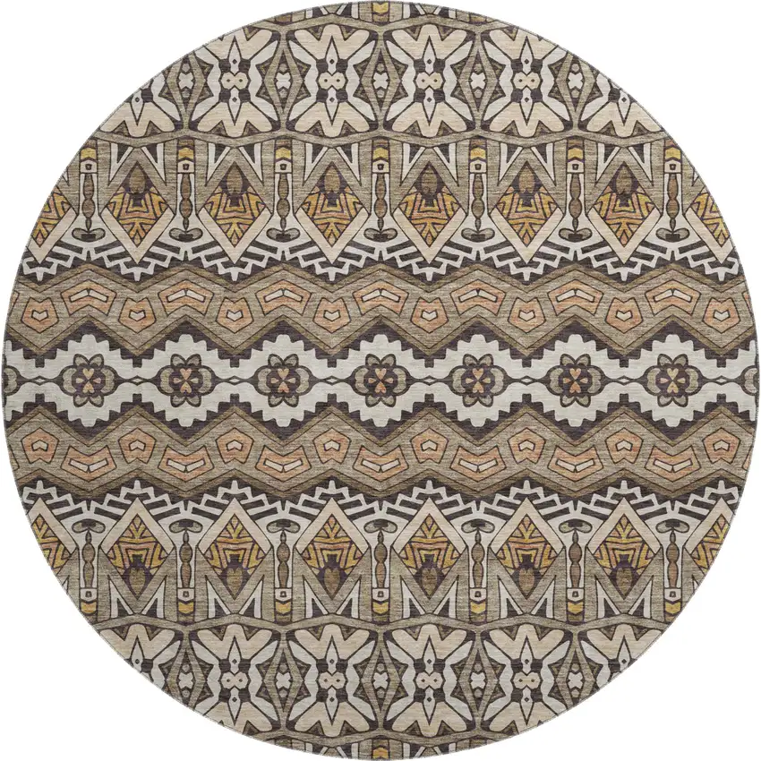 8' Taupe Beige And Copper Moroccan Washable Round Rug With UV Protection Photo 1
