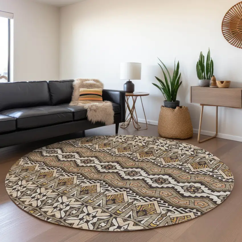 8' Taupe Beige And Copper Moroccan Washable Round Rug With UV Protection Photo 5