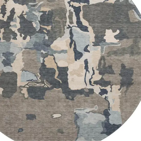 8' Taupe Beige And Cream Abstract Washable Round Rug With UV Protection Photo 2