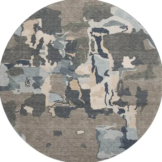 8' Taupe Beige And Cream Abstract Washable Round Rug With UV Protection Photo 3