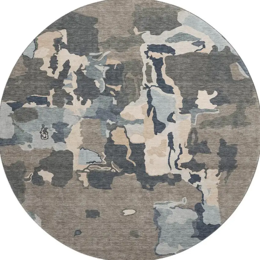 8' Taupe Beige And Cream Abstract Washable Round Rug With UV Protection Photo 3