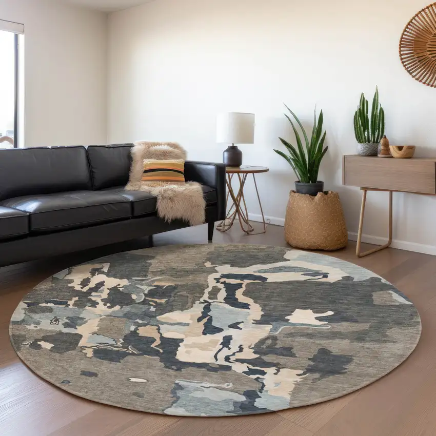 8' Taupe Beige And Cream Abstract Washable Round Rug With UV Protection Photo 4