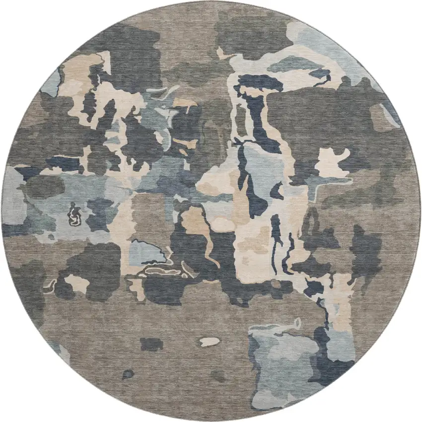 8' Taupe Beige And Cream Abstract Washable Round Rug With UV Protection Photo 1