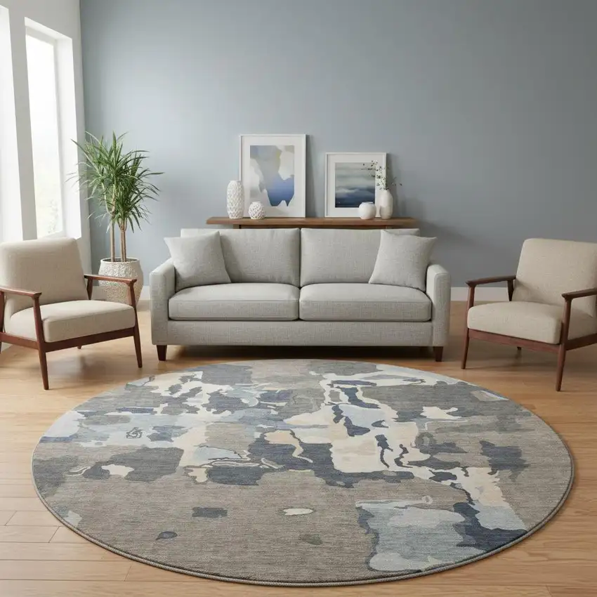 8' Taupe Beige And Cream Abstract Washable Round Rug With UV Protection Photo 2