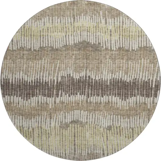 8' Taupe Beige And Cream Striped Washable Round Rug With UV Protection Photo 1