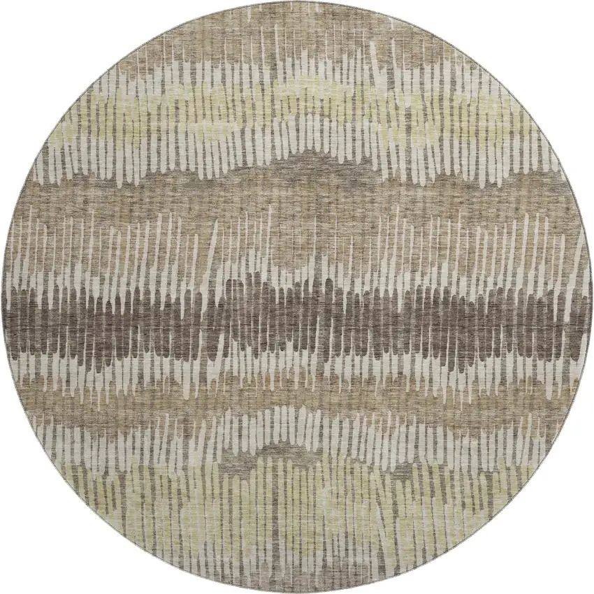 8' Taupe Beige And Cream Striped Washable Round Rug With UV Protection Photo 1