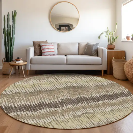 8' Taupe Beige And Cream Striped Washable Round Rug With UV Protection Photo 5