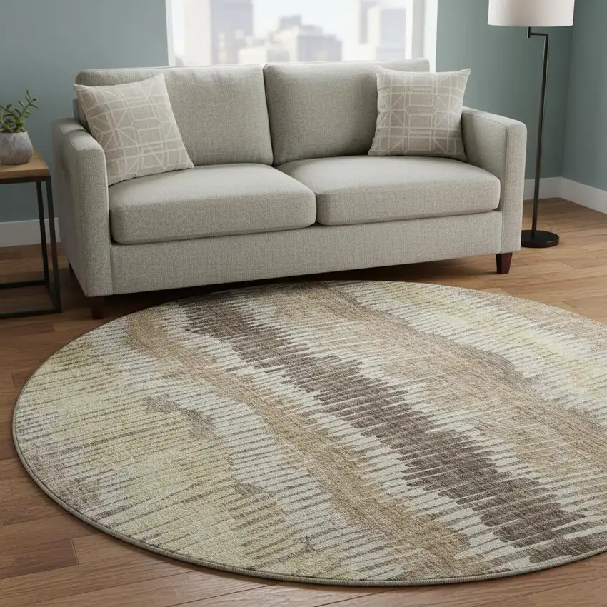 8' Taupe Beige And Cream Striped Washable Round Rug With UV Protection Photo 2