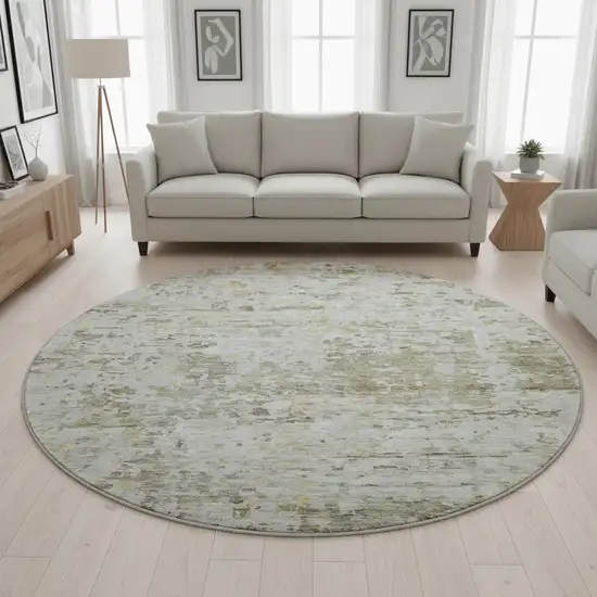 8' Taupe Beige And Gold Abstract Washable Round Rug With UV Protection Photo 2