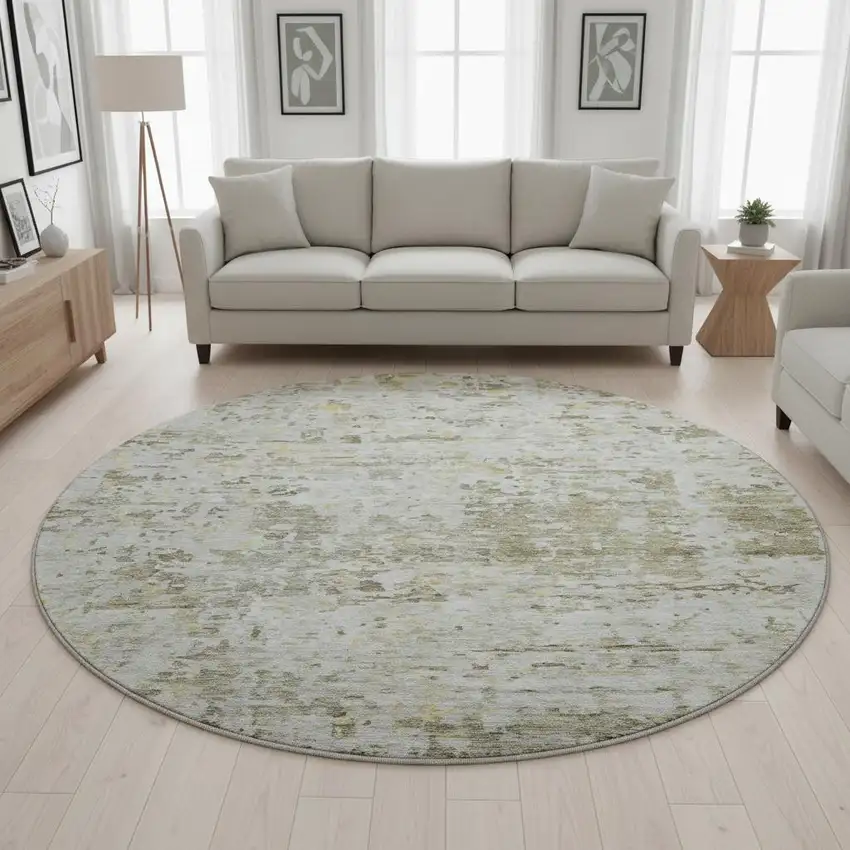 8' Taupe Beige And Gold Abstract Washable Round Rug With UV Protection Photo 2