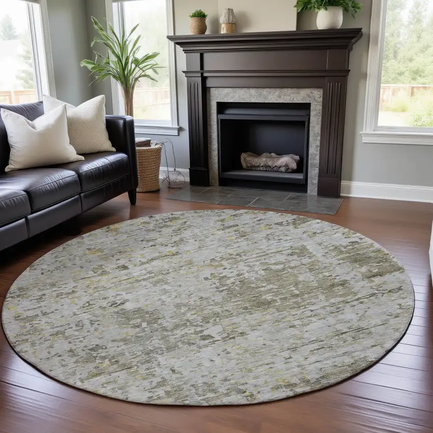 8' Taupe Beige And Gold Abstract Washable Round Rug With UV Protection Photo 4